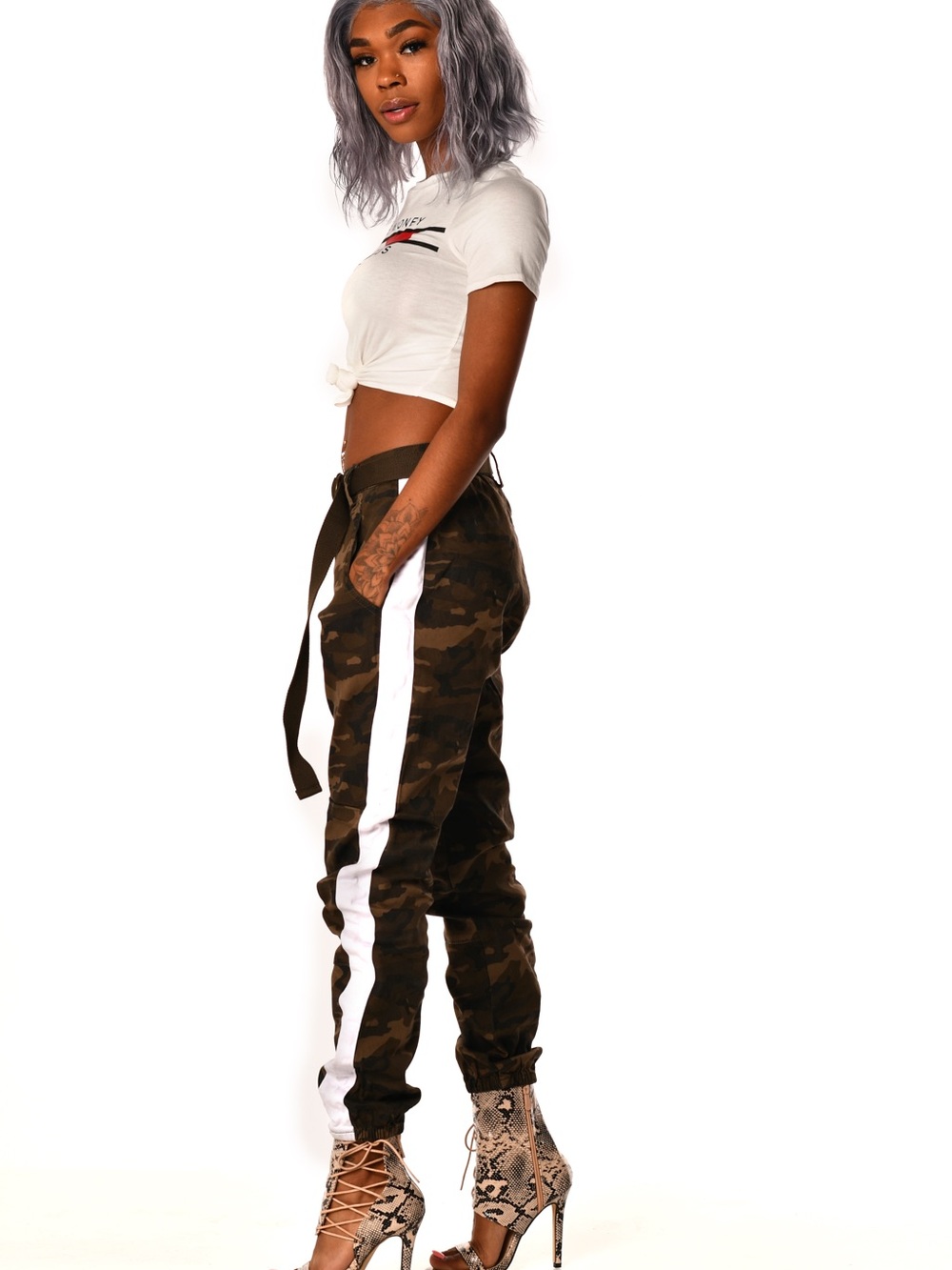 Camo Jogger Pants with White Side Stripe - Women